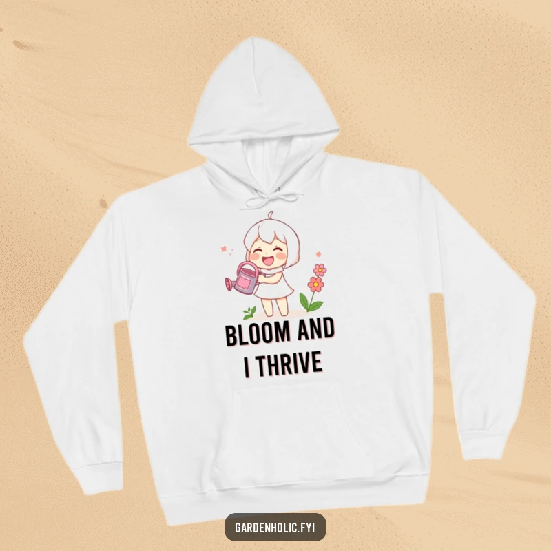 Funny hoodie featuring a cute character gleefully watering a small, blooming flower with a tiny watering can, perfect for cozy comfort.