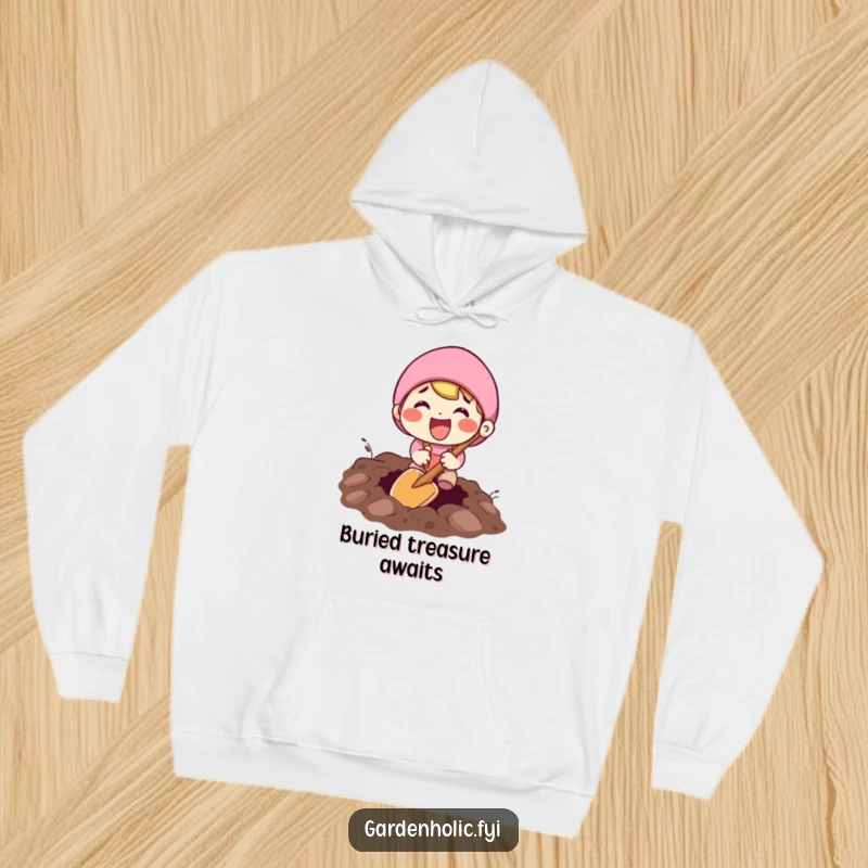 Funny, cozy hoodie featuring an excited character actively digging a hole with a miniature shovel, radiating pure joy.