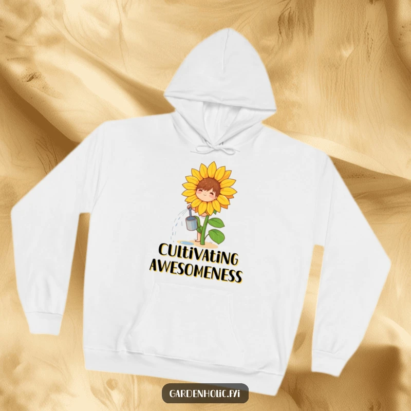 Funny hoodie featuring a small, joyful character watering a giant sunflower, perfect for cozy gardening days.