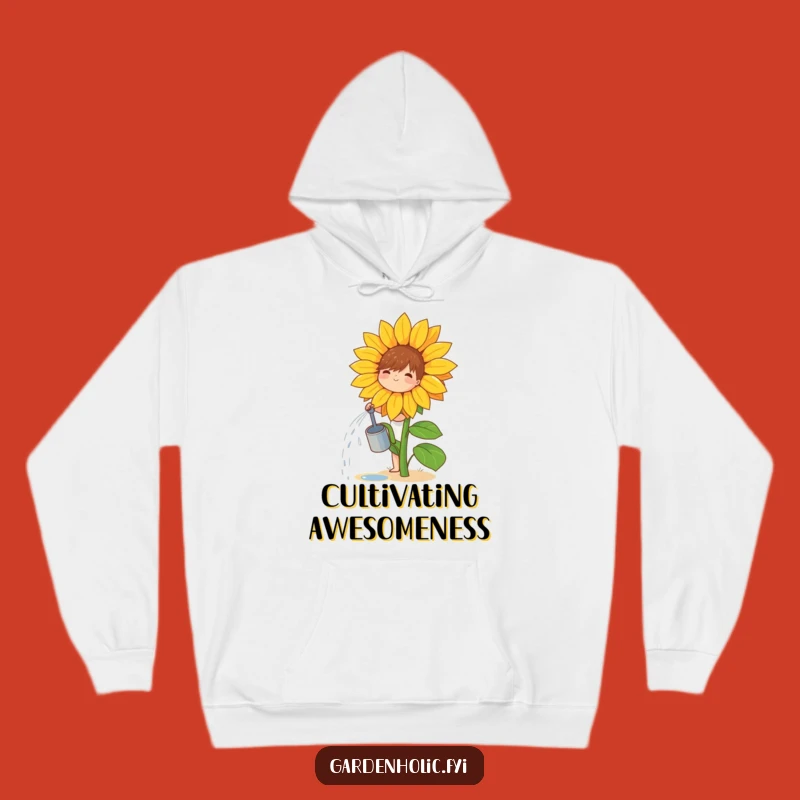 Funny Gardener Hoodie: Cozy Character Watering Sunflower, Warm Plant Gift