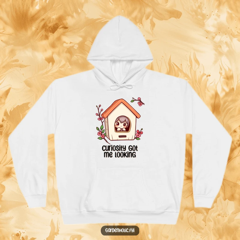 Funny hoodie featuring a curious character peeking inside a tiny birdhouse, offering soft, warm, and humorous comfort.