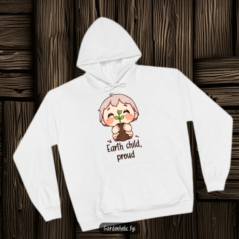 Funny hoodie featuring a dirt-smudged character proudly holding up a tiny, hopeful seedling, symbolizing new beginnings.
