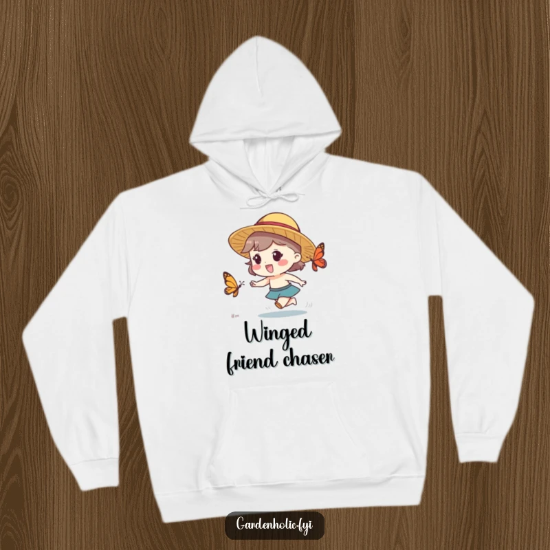Funny hoodie with a character in a straw hat excitedly chasing a butterfly, perfect for cozy humor.