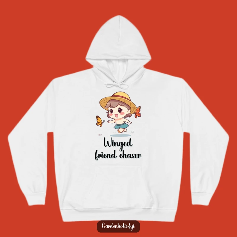 Funny Butterfly Chase Hoodie - Cozy Straw Hat Character, Warm & Whimsical Funny Gift!