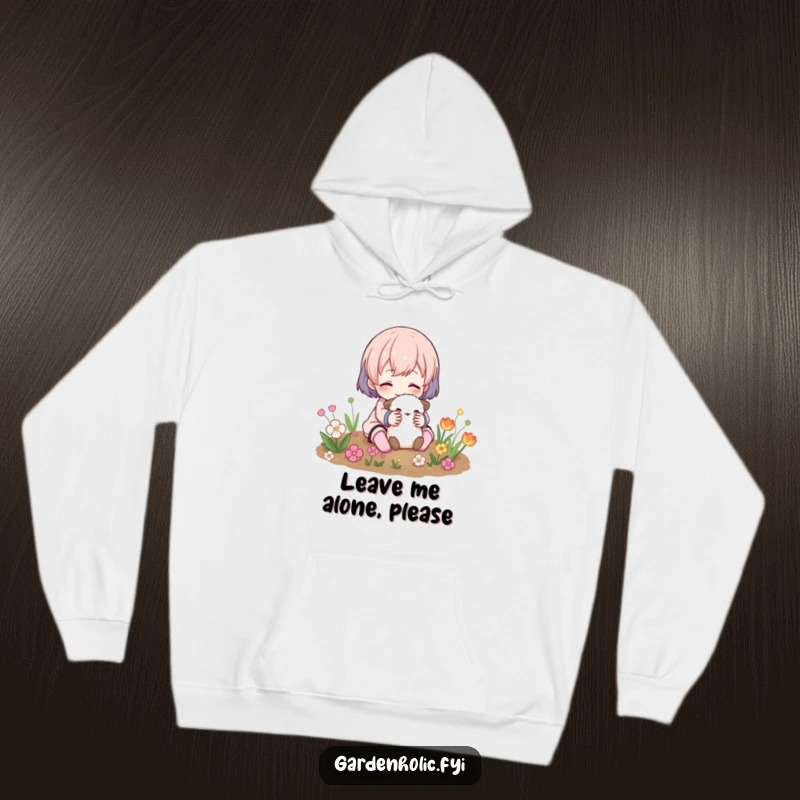 Funny Hoodie: A character shares a loving cuddle with a small, fuzzy animal in a vibrant garden setting.