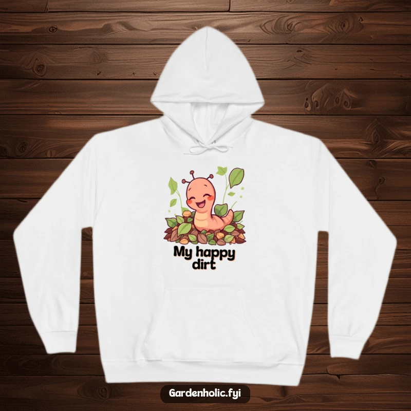 Funny giggling earthworm digging through leaves on a warm hoodie, a cozy and funny garden gift.