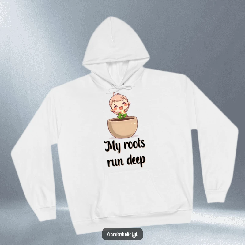 Funny hoodie depicting a sweet character joyfully planting a tiny, sparkling seed in a large pot, symbolizing the start of something beautiful.