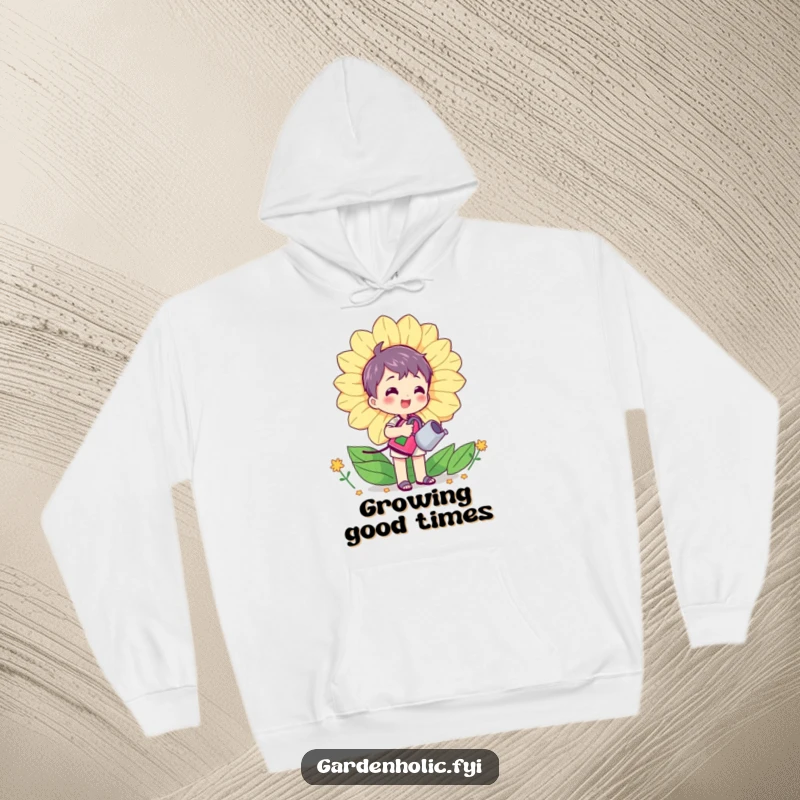 Funny hoodie depicting a happy character diligently watering a gigantic, smiling flower with a small watering can, symbolizing care and dedication.