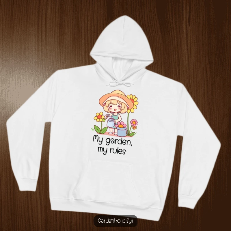 Funny hoodie depicting a cute character wearing a sunhat, cheerfully watering an impressively oversized flower, perfect for garden enthusiasts.