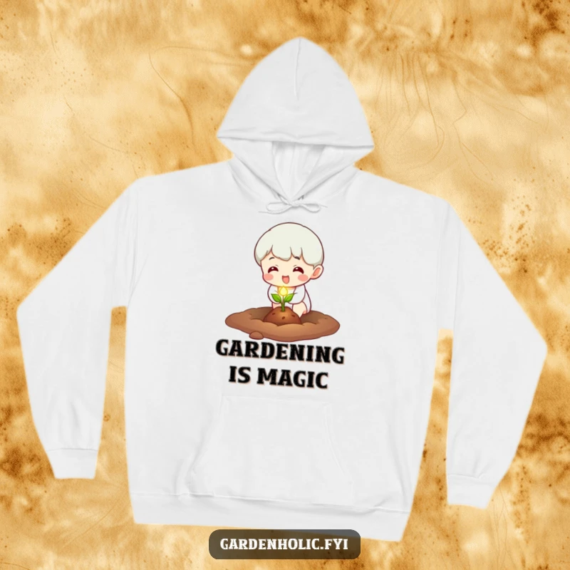 Funny Hoodie: Character excitedly planting a tiny, glowing seed, providing warmth and a humorous touch of luminous hope.