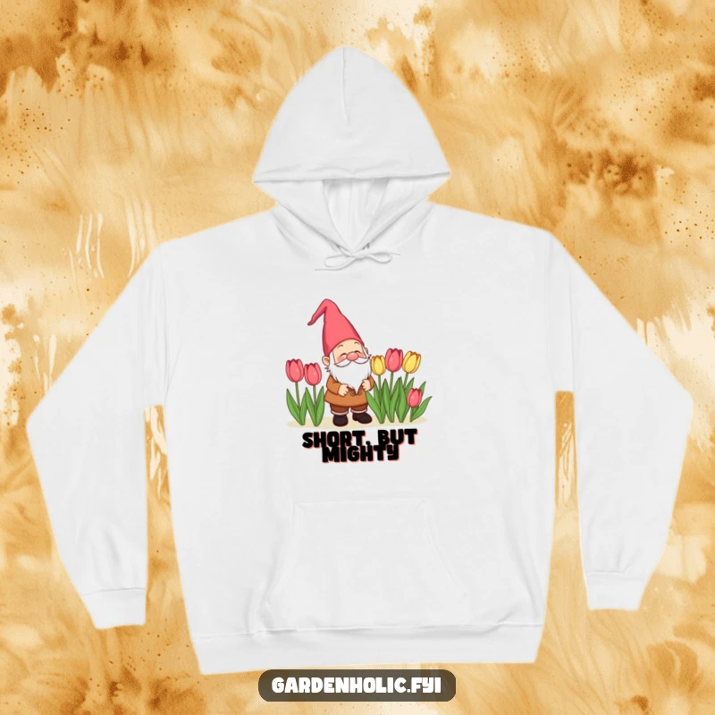 Funny gnome character admiring tulips on a warm hoodie, a cozy and funny garden gift.