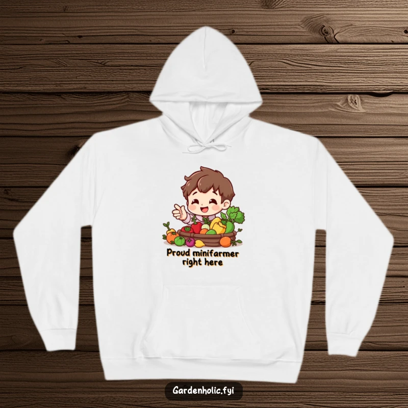 Funny hoodie with a smiling character presenting a miniature harvest of vegetables, symbolizing abundance and joy.