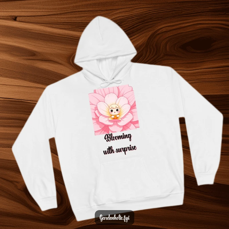 Funny Hoodie of a small character with wide eyes peeking out from a large flower bloom, representing curiosity and cuteness.