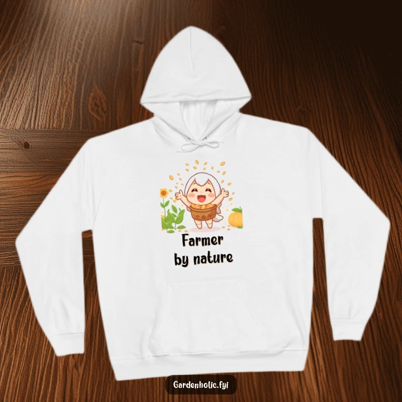 Funny hoodie depicting a joyful character celebrating a plentiful harvest by showering seeds.