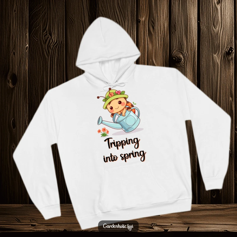Funny hoodie featuring a chubby ladybug in a tiny gardening hat, tripping over a large watering can. Cozy garden wear.
