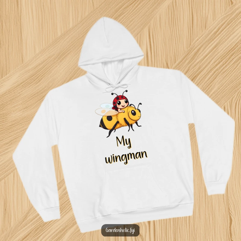 Funny ladybug character riding a friendly bumblebee on a warm hoodie, a cute and funny gift.