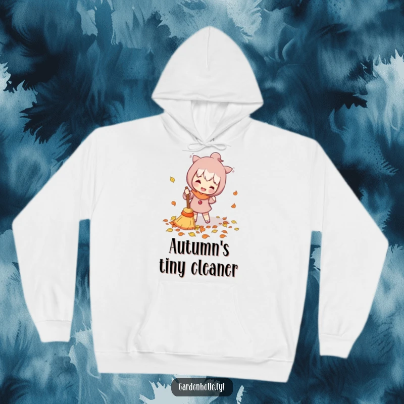 Funny Hoodie: Character enthusiastically sweeping fallen leaves with a tiny broom, offering cozy comfort and a humorous touch of autumn activity.