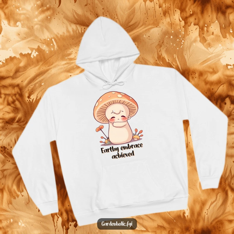 Funny Hoodie: Character with rosy cheeks hugging a giant, soft mushroom, offering cozy comfort and a humorous touch of forest affection.