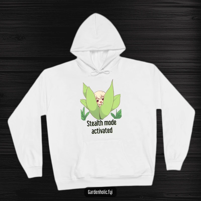 Funny Hoodie: Character playfully peeking out from behind a large, leafy plant, offering cozy comfort and a dash of garden humor.