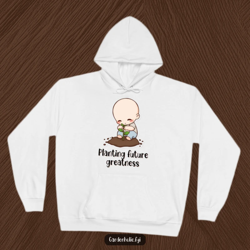 Funny Hoodie: Tiny being carefully planting a seed, providing cozy comfort and humorous inspiration, a great funny gift.