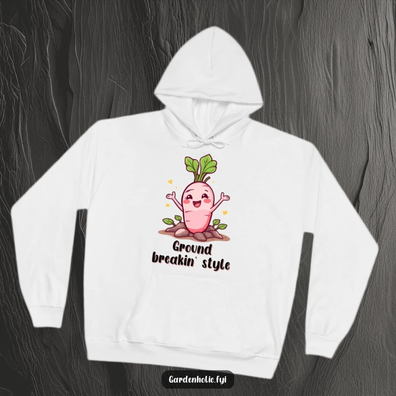 Funny Radish Hoodie: A happy character bursting from the ground with a flourish, cozy and fun.