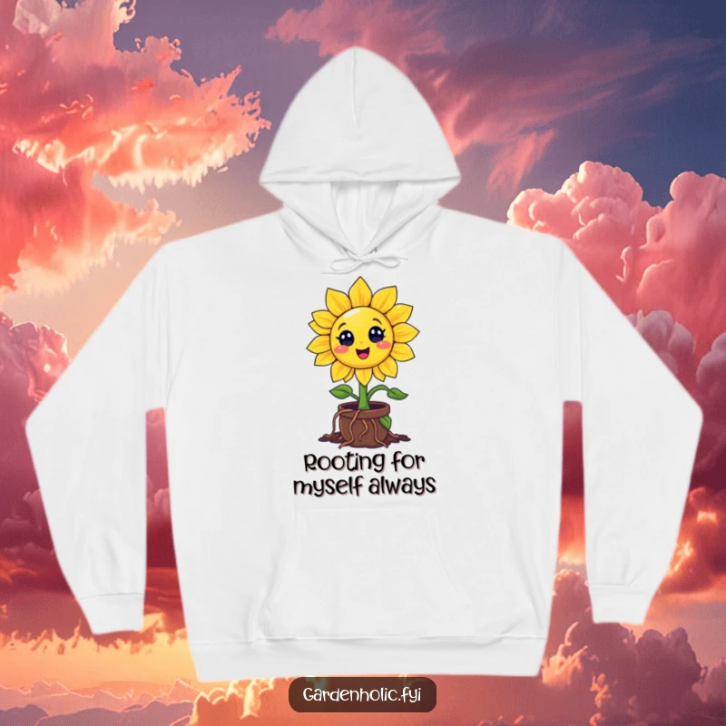 Funny Sunflower Hoodie: Smiling Character Enthusiastically Digging Roots into a Tiny Pot, Cozy and Humorous Garden Gift
