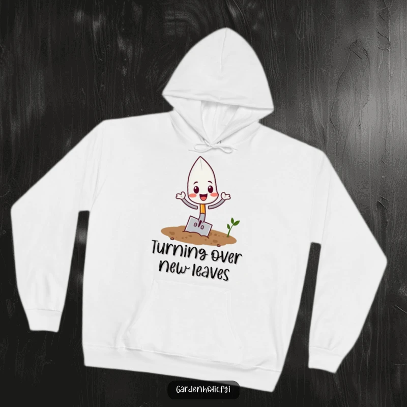 Funny trowel character doing a happy flip in soil on a warm hoodie, a cozy and funny gardening gift.