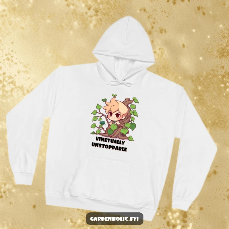 Funny Hoodie: A determined character humorously wrestles a massive, unruly vine, looking hilariously perplexed. Ideal funny gift.