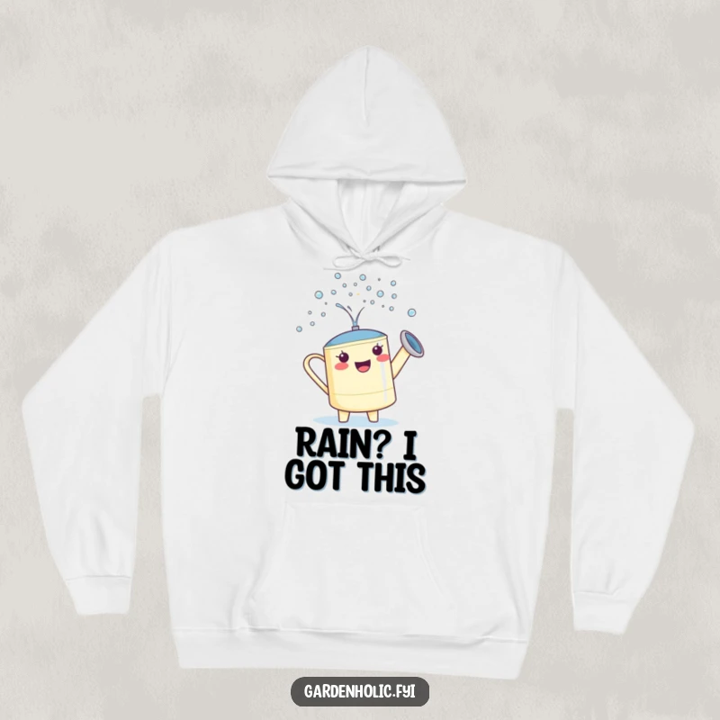 Funny Watering Can Hoodie: A proud character showering tiny sparkling droplets, great for cozy gardening.