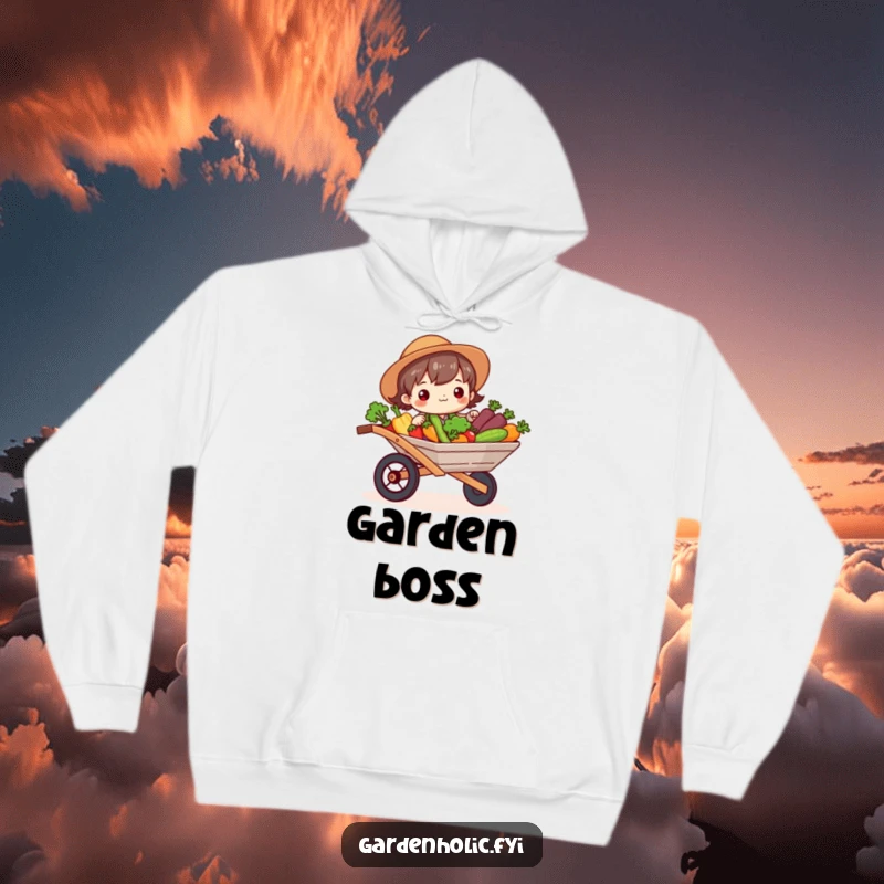 Funny Hoodie: Character beaming, holding a wheelbarrow full of vegetables, comfortable and humorous for gardeners, a funny gift.