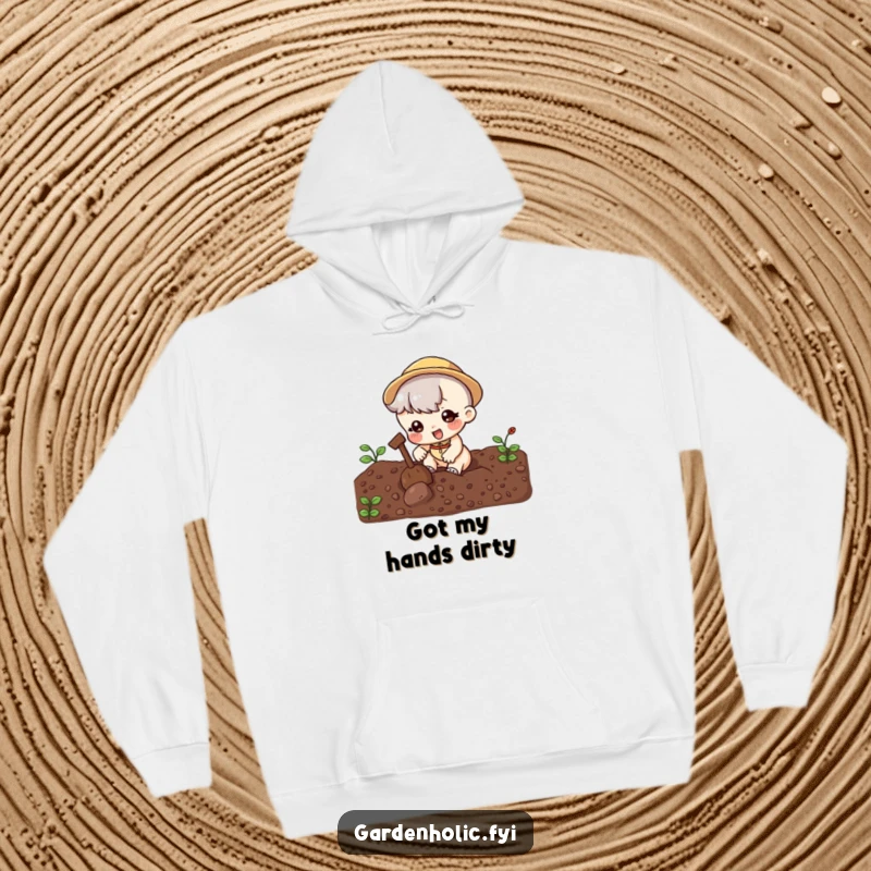 Funny Hoodie: Adorable character enthusiastically digging in soil, providing warmth and humor for gardening fans, an ideal funny gift.