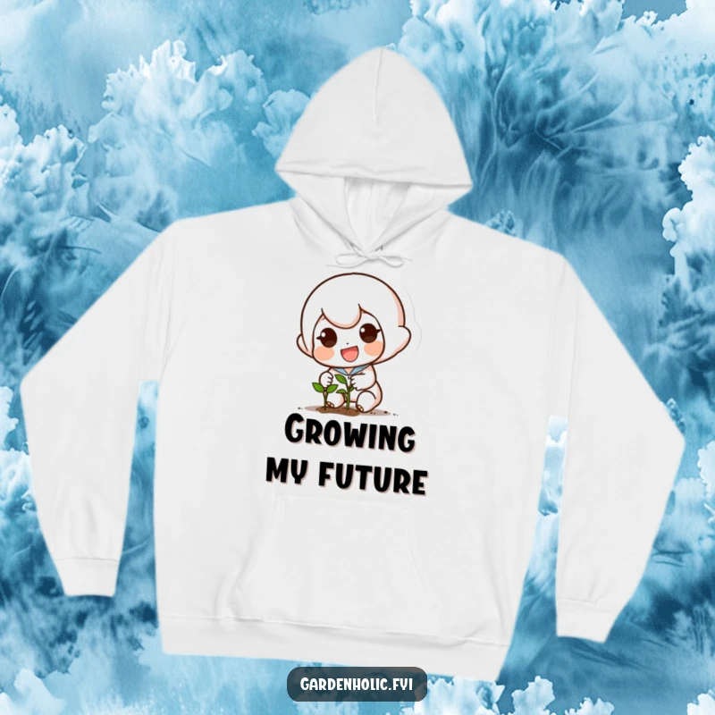 Funny hoodie showcasing a small, determined character planting a tiny seed with a smile, perfect for cozy contemplation.