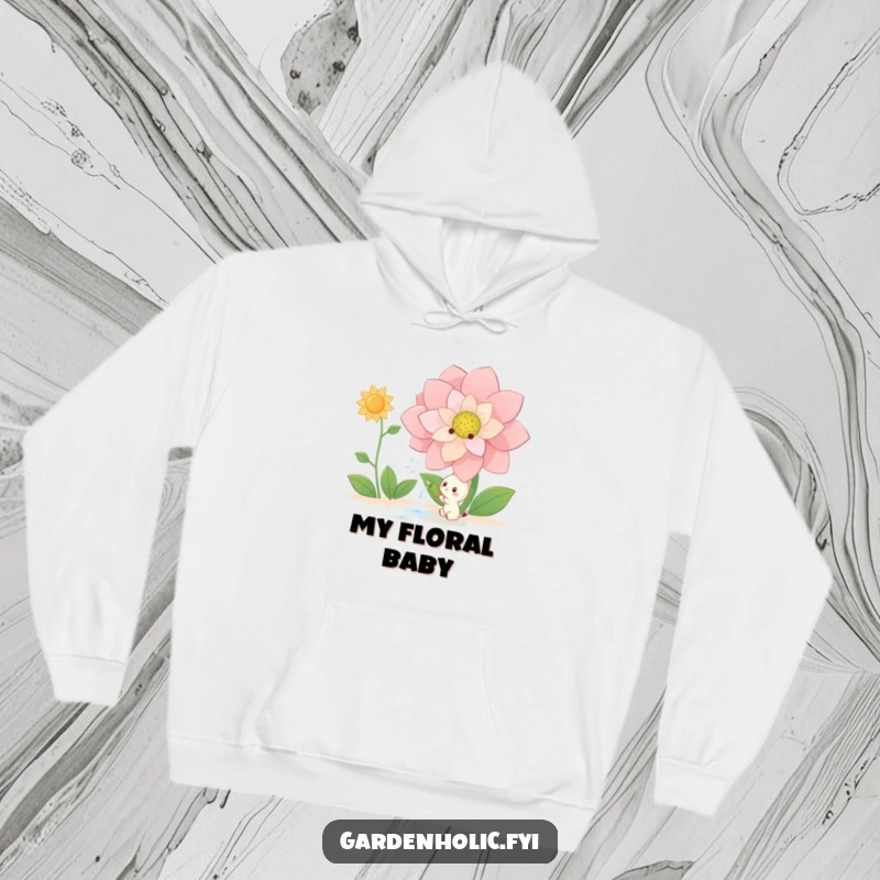 Funny Hoodie: Small creature happily watering a giant blooming flower, providing cozy comfort and whimsical humor, a great funny gift.