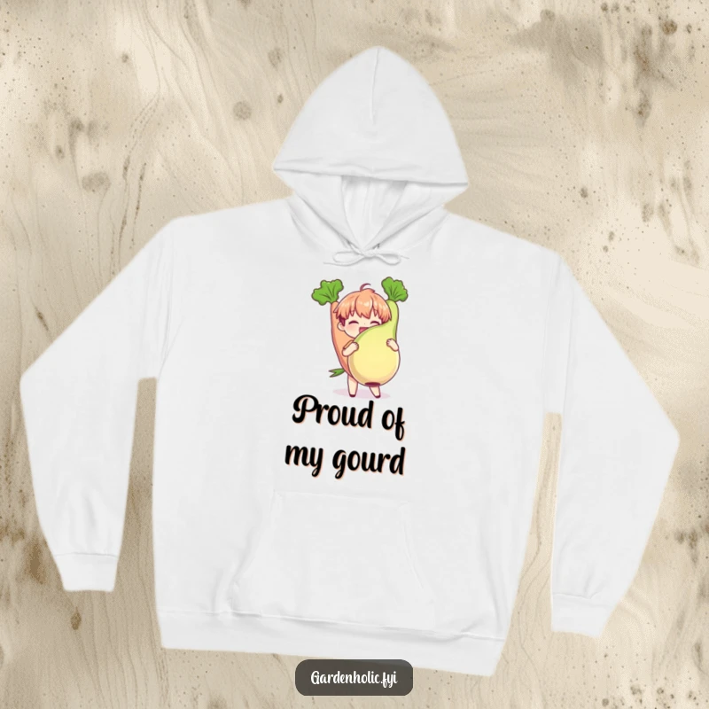 Funny Hoodie: Character joyfully holding a plump, oversized vegetable, providing warm comfort and humorous garden pride, a great funny gift.