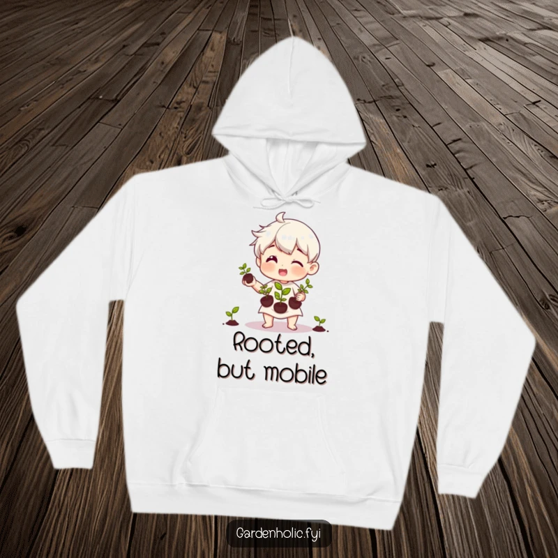 Funny hoodie depicting a character happily juggling three delicate seedlings, ideal for gardeners who love nurturing new life.