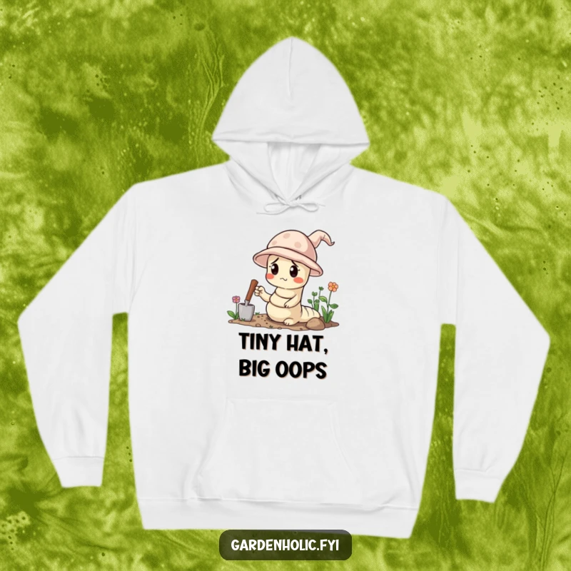 Funny hoodie featuring a confused worm wearing a tiny gardening hat and holding a trowel, ready for garden work.