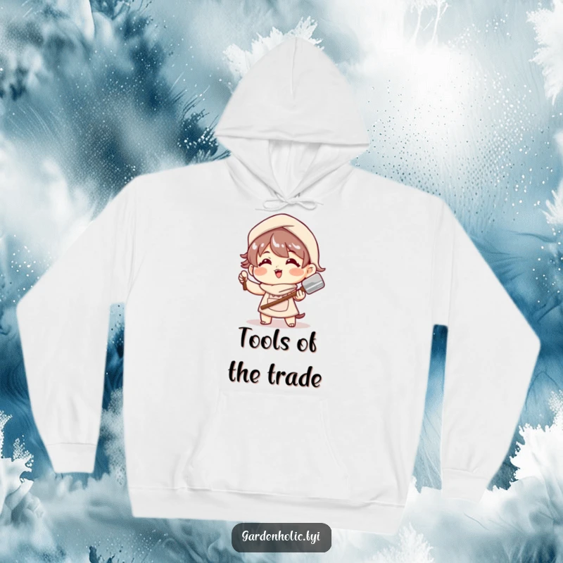 Funny Hoodie: A character poses energetically with a gleaming trowel, embodying the spirit of fun gardening.