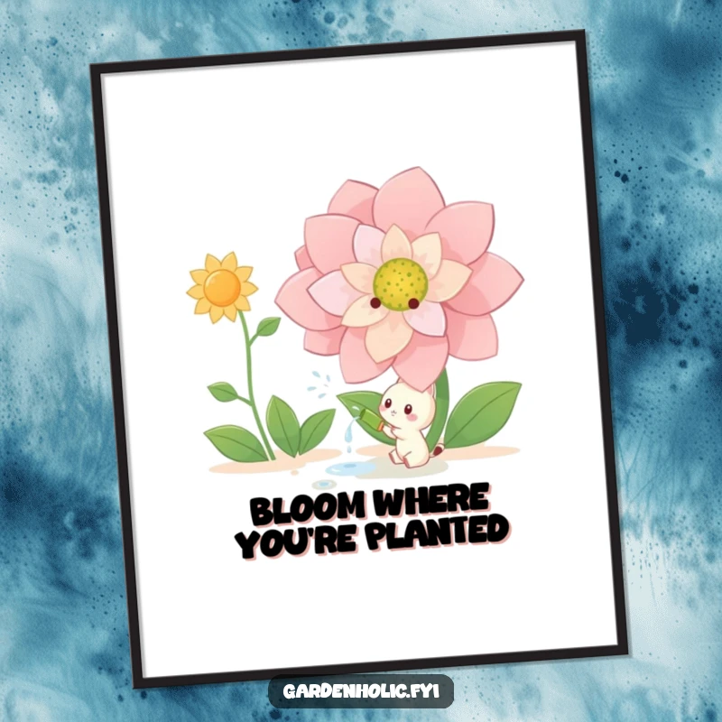 Funny Free Printable Wall Art: Small creature happily watering a giant, colorful blooming flower, a scene of joy.