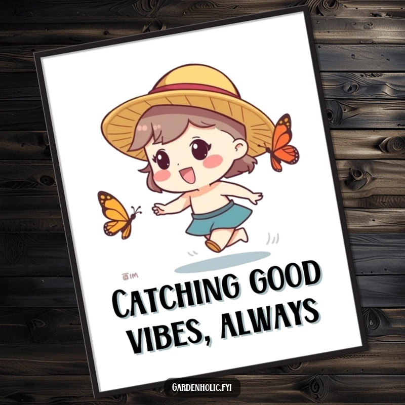 Funny Free Printable Wall Art featuring a character in a straw hat excitedly chasing a playful butterfly, radiating sunshine and joy.