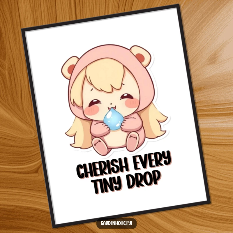 Funny Free Printable Wall Art depicting a character happily cradling a tiny, shimmering dewdrop, evoking peace and gentle humor.