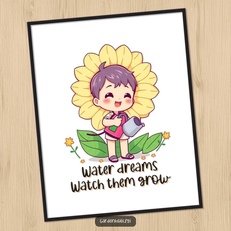 Funny Free Printable wall art of a character happily watering a giant, smiling flower with a mini watering can, exuding joy.