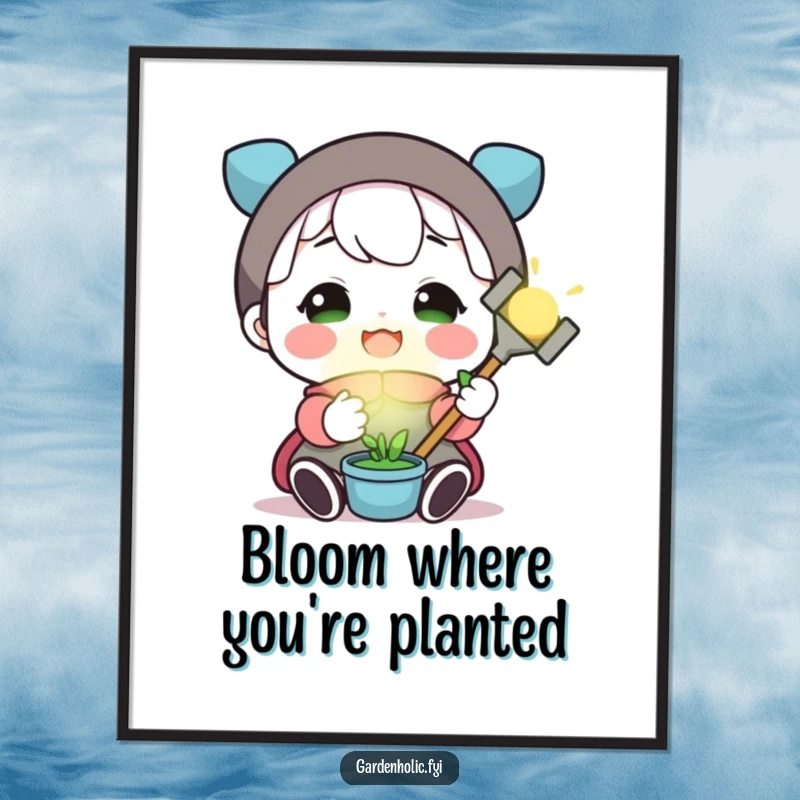 Funny free printable wall art: A gleeful gnome with a miniature glowing gardening tool, adding a splash of humor to any room.