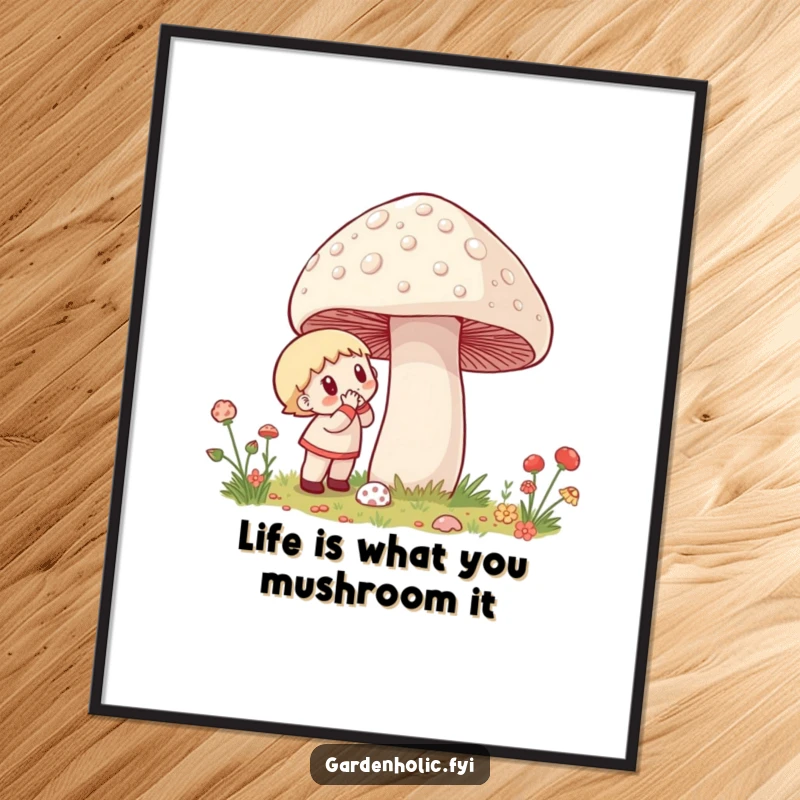 Funny Free Printable Wall Art: Character excitedly examines a colossal, dew-covered mushroom in a mystical, natural setting.