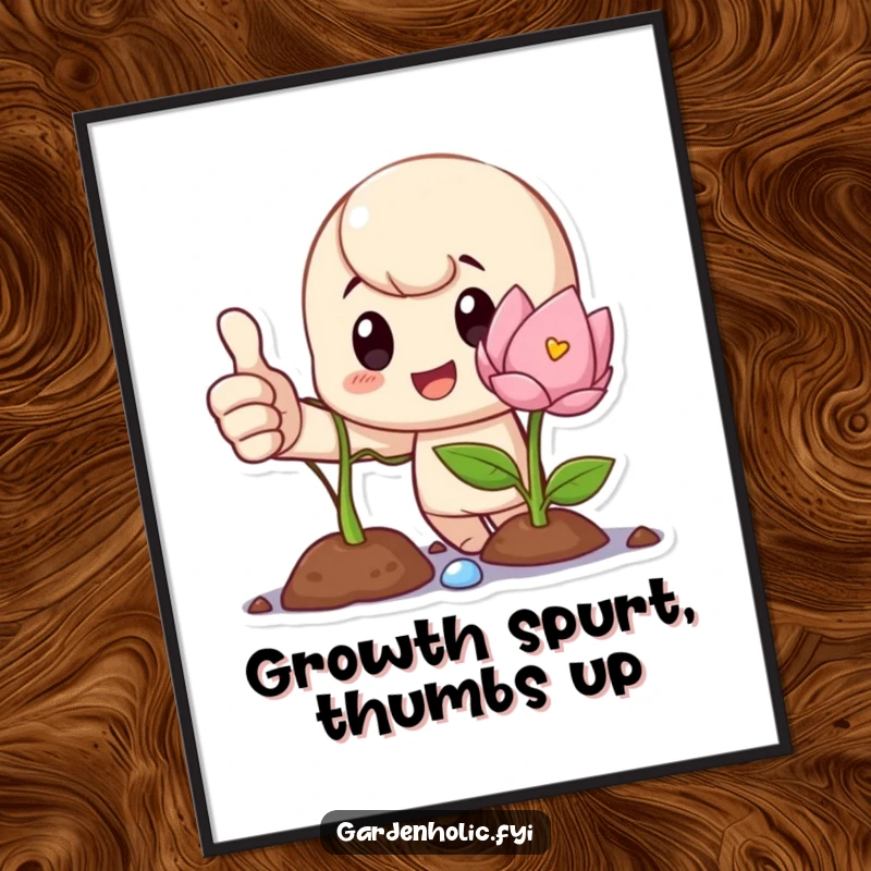 Funny Free Printable Wall Art showing a character giving a proud thumbs up next to a healthy, blooming sprout.