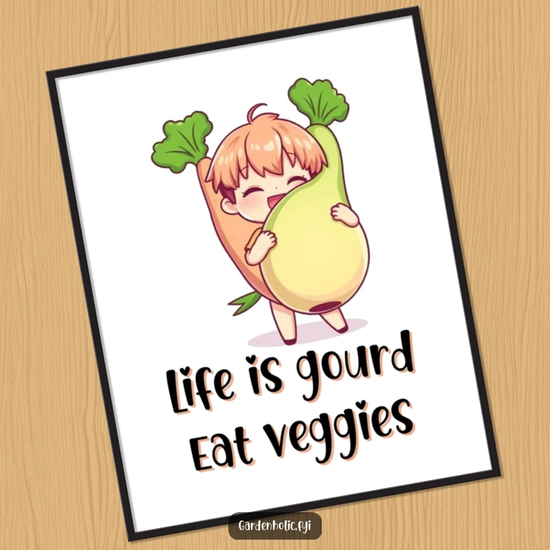 Funny Free Printable Wall Art: Character joyfully holding a plump, oversized vegetable, a humorous harvest celebration.