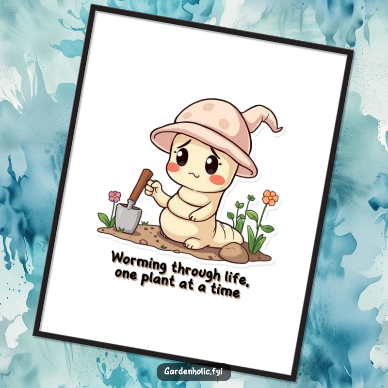 Funny Free Printable Wall Art: A confused worm sporting a tiny gardening hat and holding a trowel, creating a humorous and charming piece.