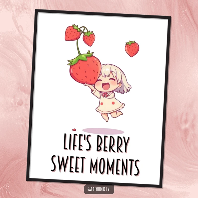 Funny Free Printable Wall Art depicting a character joyfully catching a falling, oversized strawberry, radiating happiness and humor.