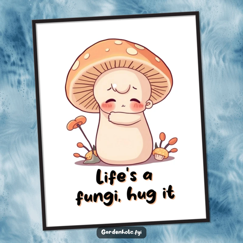 Funny Free Printable Wall Art with a character hugging a giant, soft mushroom, creating a cozy and whimsical vibe.