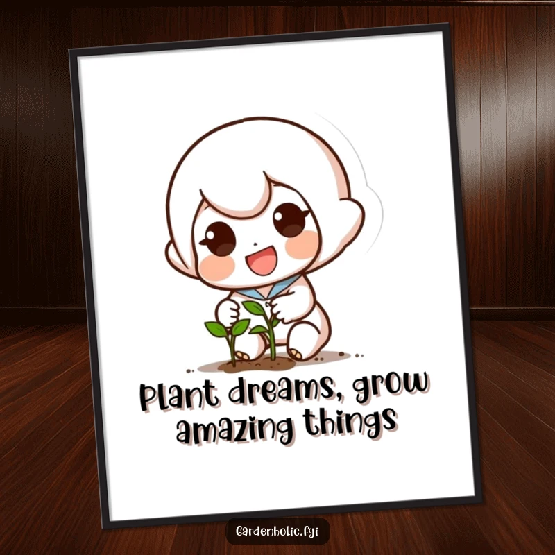 Funny Free Printable Wall Art: Small character excitedly planting a tiny seed, radiating determination and optimism.