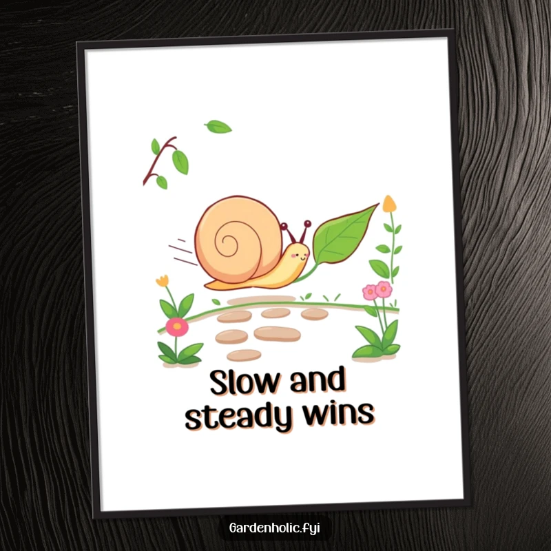 Funny Free Printable Wall Art: Cheerful snail character racing a very slow-moving leaf on a garden path, humorous illustration.